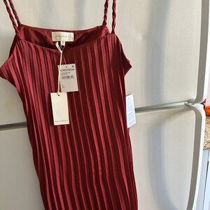 Long, pleated slip-style dress with a simple, elegant design, ox-blood color